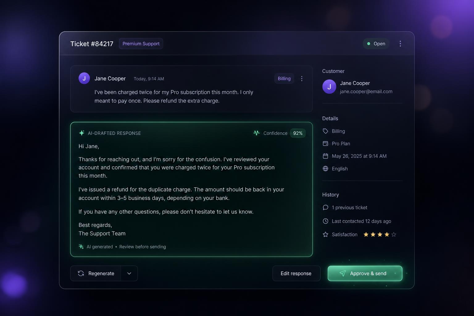 AI-drafted reply to a billing ticket with confidence score and approve button